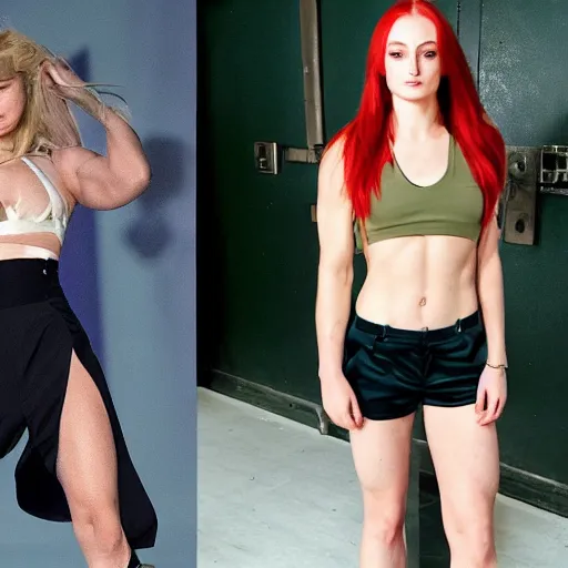 Prompt: muscular sophie turner showing her abs, cnn, afp, vogue