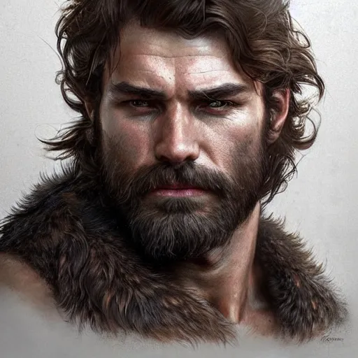 Image similar to portrait of a rugged ranger, muscular, upper body, hairy torso, D&D, fantasy, intricate, elegant, highly detailed, digital painting, artstation, concept art, matte, sharp focus, illustration, art by Artgerm and Greg Rutkowski and Alphonse Mucha