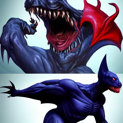 Image similar to front and back character view of scary, giant, mutant, mutated, dark blue humanoid bat, glowing red eyes, flying above a stormy ocean, sharp teeth, acid leaking from mouth, realistic, giant, bat ears, bat nose, bat claws, bat wings, furred, covered in soft fur, detailed, trending on artstation clean concept art and sheet that using unreal engine 5 render and hyper detailed 3D texture with cinematic software light 85mm f/1.4