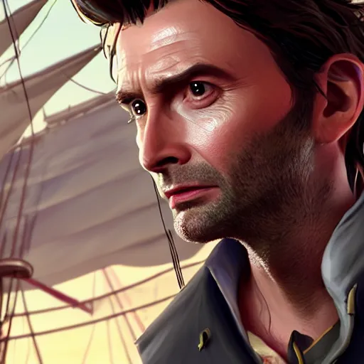 Image similar to david Tennant in the Sea of thieves, ultra detailed, on the ship, sharp focus, art by artgerm, 8k, game screenshot, hyperrealistic