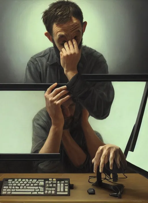 Prompt: insanely detailed chiaroscuro image of a exhausted - looking stalky casually - dressed programmer guy on his knees facing his glowing ultrawide computer monitor monitor begging it for forgiveness, oil on canvas, masterwork, fine detail, trending on artstation, emotive, insanely compelling, ryden, koons, moebius