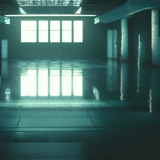 Image similar to a cinematic frame of a large empty dojo, night time, shot by roger deakins, dimly lit, low ceilings, beautiful futuristic architecture, chris nolan movie, good composition