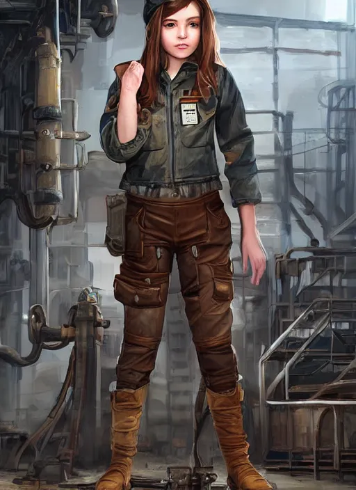 Image similar to a portrait digital painting of a young girl with hazel - brown hair. post - apocalyptic clothing. she's wearing a mechanics uniform and has been working on some large machinery. a factory background with big machines, pipes, computer monitors. painted by artgerm, ross tran.