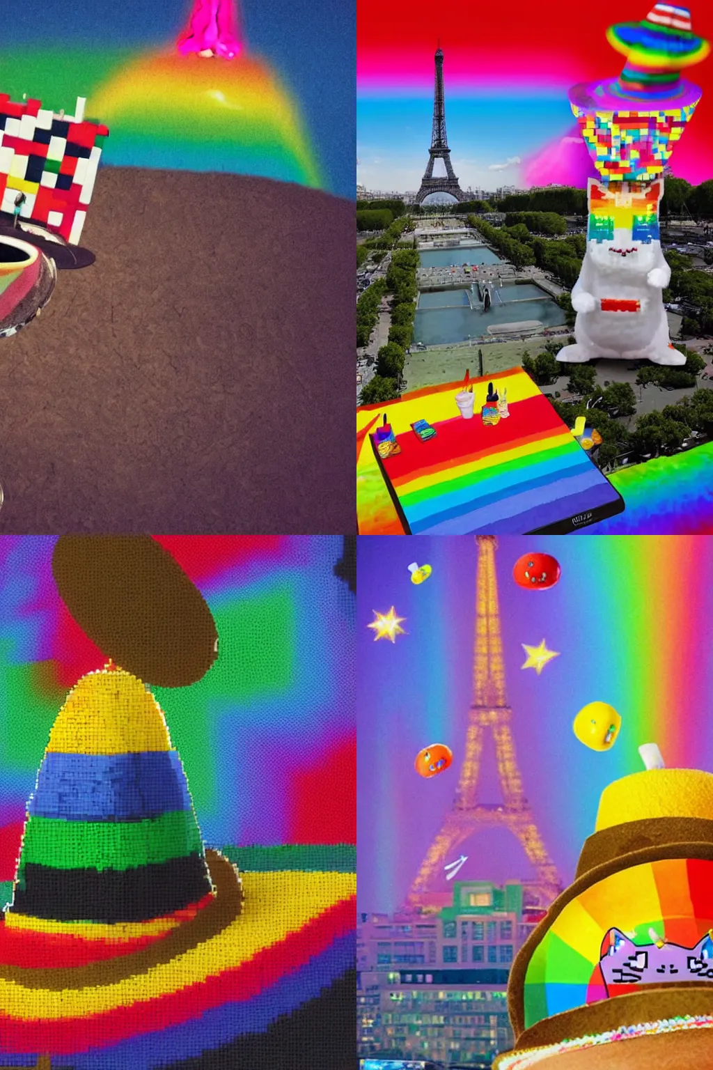 Prompt: long-shot photo of Nyan Cat with a sombrero and pina colada, chilling by the Eiffel tower, detailed; dreary lighting, Lovecraftian horror, reminiscent of Gorefield
