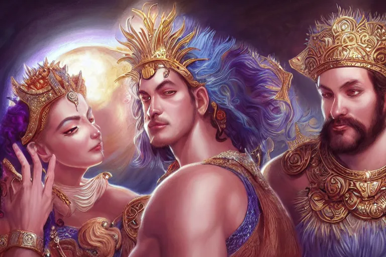 Image similar to close up moment of a divine a sun god and a moon goddess lovers magician at a wedding banquet, highly detailed, d & d, fantasy, highly detailed, digital painting, trending on artstation, concept art, sharp focus, illustration, art by artgerm and greg rutkowski and magali villeneuve