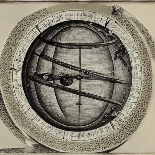 Image similar to artistic painting of astronomical armillary rings, engraved symbols