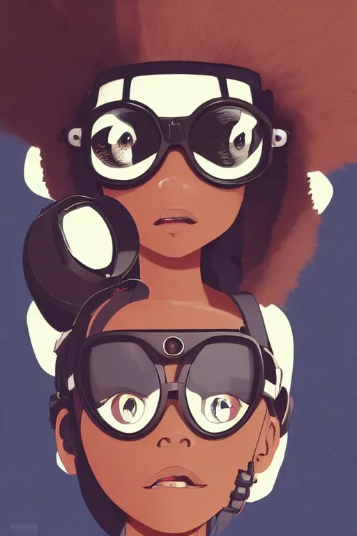 Image similar to face of a beautiful girl wearing goggles, dark skin, big hair, symmetrical, ilya kuvshinov, jamie hewlett, yoji shinkawa, muted colors, portrait, beautiful detailed illustration, 17th century oil painting, flat colors, studio ghibli, cel shading, loish, pop art,