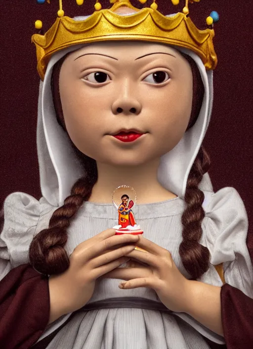 Image similar to closeup face profile portrait of tin toy greta thunberg as a nun princess wearing a crown eating cakes, bikini, depth of field, zeiss lens, detailed, symmetrical, centered, fashion photoshoot, by nicoletta ceccoli, mark ryden, lostfish, breathtaking, 8 k resolution, extremely detailed, beautiful, establishing shot, artistic, hyperrealistic, octane render