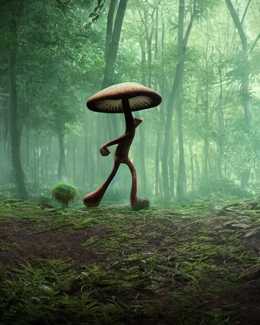 Prompt: Mushroom creature walking through a forest, octane render, professional cgi, highly detailed