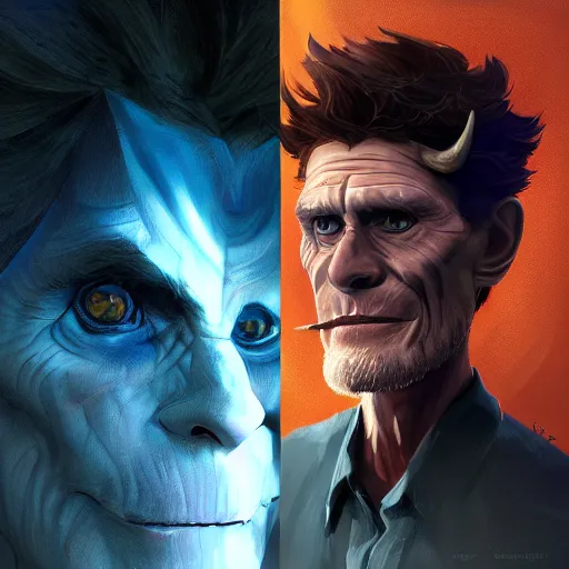 Image similar to Portrait of Willem Dafoe as the Sauron, horns under his cheek, mattepainting concept Blizzard pixar maya engine on stylized background splash comics global illumination lighting artstation lois van baarle, ilya kuvshinov, rossdraws