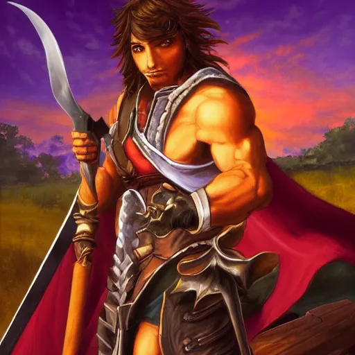 Image similar to painting of raphael from soulcalibur!!!!!, watching a purple and orange sunset!!, from the black mage cemetery!!!, in the style of justin gerard!!!!