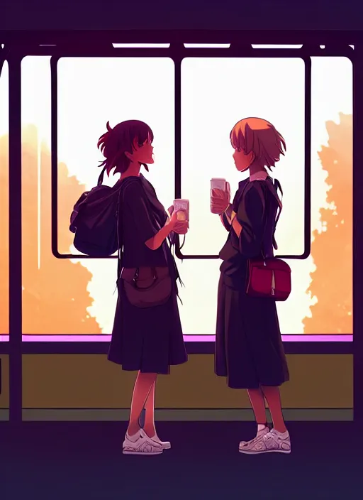 Image similar to two beautiful mothers waiting at a bus stop, summer clothes, gorgeous faces, thick lines, cinematic lighting, detailed anime art