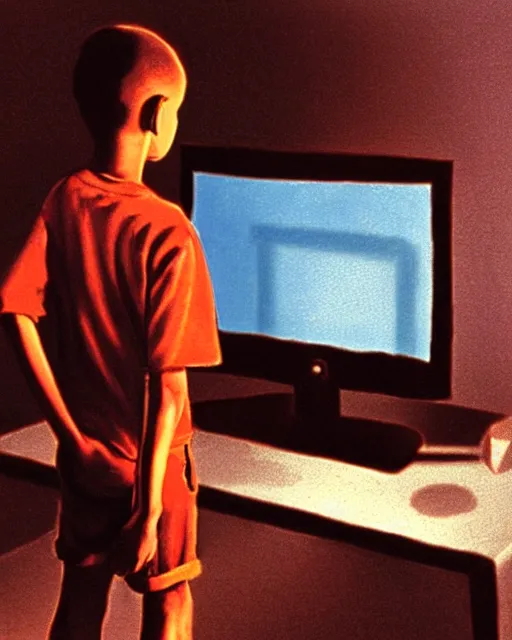 Image similar to 8k professional photo of an 8 years old enlightened and scared boy standing in front of an old computer from 90s with a game doom2 at the monitor screen. painting by Adrian Ghenie and Willem de Kooning and Cy Twombly, still from a movie by Gaspar Noe and James Cameron