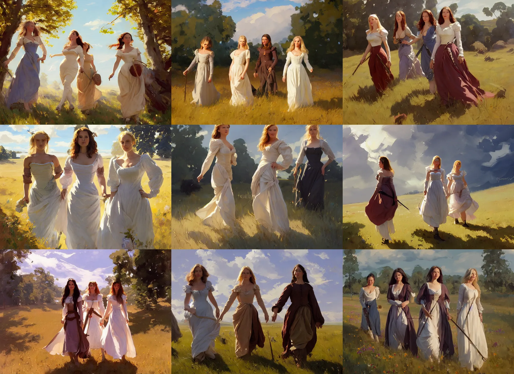 Prompt: three beautiful finnish norwegian swedish scandinavian attractive glamour models wearing 1 7 th century bodice with low neckline walking in the feild in a sunny day, jodhpurs greg manchess painting by sargent and leyendecker, studio ghibli fantasy medium shot asymmetrical intricate elegant matte painting illustration hearthstone, by greg rutkowski by greg tocchini by james gilleard