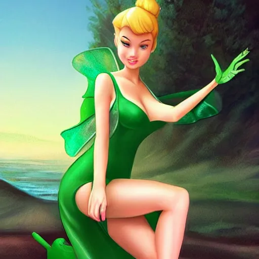 Image similar to beautiful tinkerbell in a skintight green satin prom dress on the beach drawn by artgerm