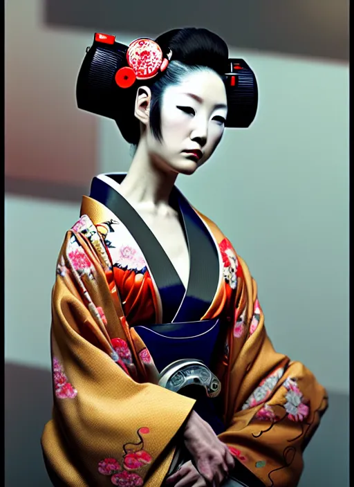 Image similar to beautiful photography of a sensual japanese geisha wearing vr eyepiece, intricate geisha kimono, robotic, android, cyborg, cyberpunk face, steampunk, fantasy, intricate, elegant, highly detailed, colorful, vivid color, digital photography, cool warm lighting, artstation, concept art, art by artgerm and greg rutkowski and ruan jia,