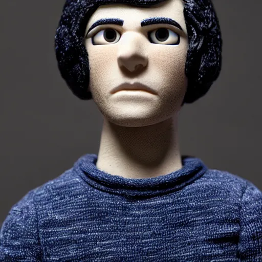 Image similar to a 21 year old skinny white programmer guy with no beard and black hair on top, short on sides, in a navy blue sweater, jeans and grey new balance shoes funko pop close up highly detailed photo