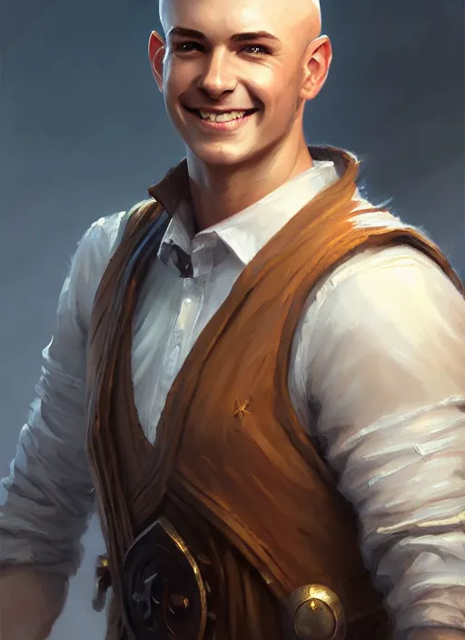 Image similar to a _ fantasy _ style _ portrait _ painting _ of white male short fringe light brown hair short head smiling clean shaven round face rpg dnd oil _ painting _ unreal _ 5 _ daz. _ rpg _ portrait _ extremely _ detailed _ artgerm _ greg _ rutkowski _ greg