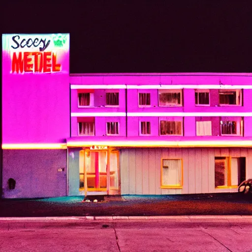 Prompt: A still of the exterior of a seedy motel, lit up in neon pink and purple; the camera is positioned low to the ground, making the building look taller and more imposing. Fujifilm Natura 1600.