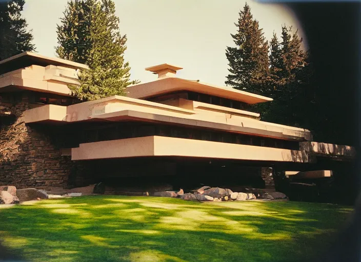 Image similar to photograph of a frank lloyd wright house in front of beautiful mountains by ansel adams, 2 0 0 mm, color film camera, pentax