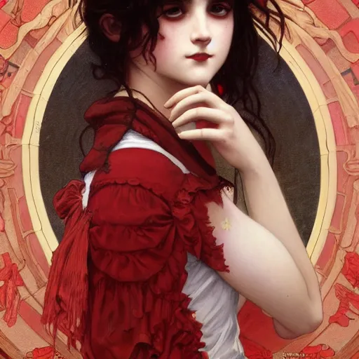 Prompt: goth girl wearing dress covered in red paint, intricate, art by artgerm and greg rutkowski and alphonse mucha and william - adolphe bouguereau, high detailed, 4 k,