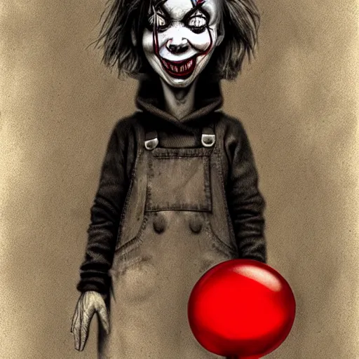 Image similar to surrealism grunge cartoon portrait sketch of a cold hand with a wide smile and a red balloon by - michael karcz, loony toons style, pennywise style, chucky style, horror theme, detailed, elegant, intricate