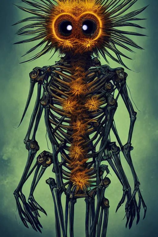 Prompt: a humanoid figure dandelion plant monster, amber eyes, highly detailed, digital art, sharp focus, ambient lighting, glowing, skeletal, trending on art station, anime art style