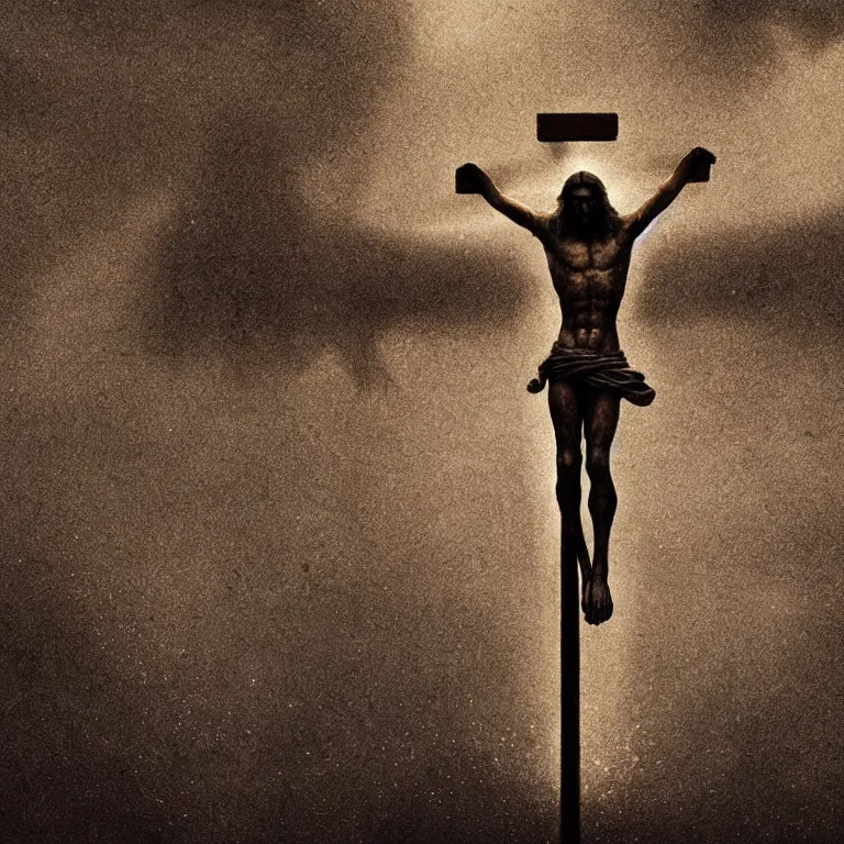 Prompt: jesus christ crucifixion by beksinski, fantasy, scary, award winning halo. octane render, cinematic, hyper realism, octane render, 8k, depth of field, bokeh. iridescent accents.