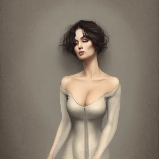 Image similar to wearing a full tight curvy long dress female, soft painting of lifelike curiosities and illusions, perfectly detailed linework, symmetrical accurate intricate sensual features, highly detailed, artstation, sharp focus, tom bagshaw