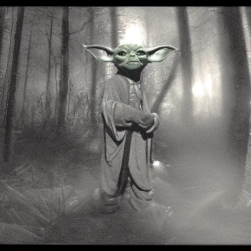 Prompt: yoda caught on a nightvision trailcam in a swamp