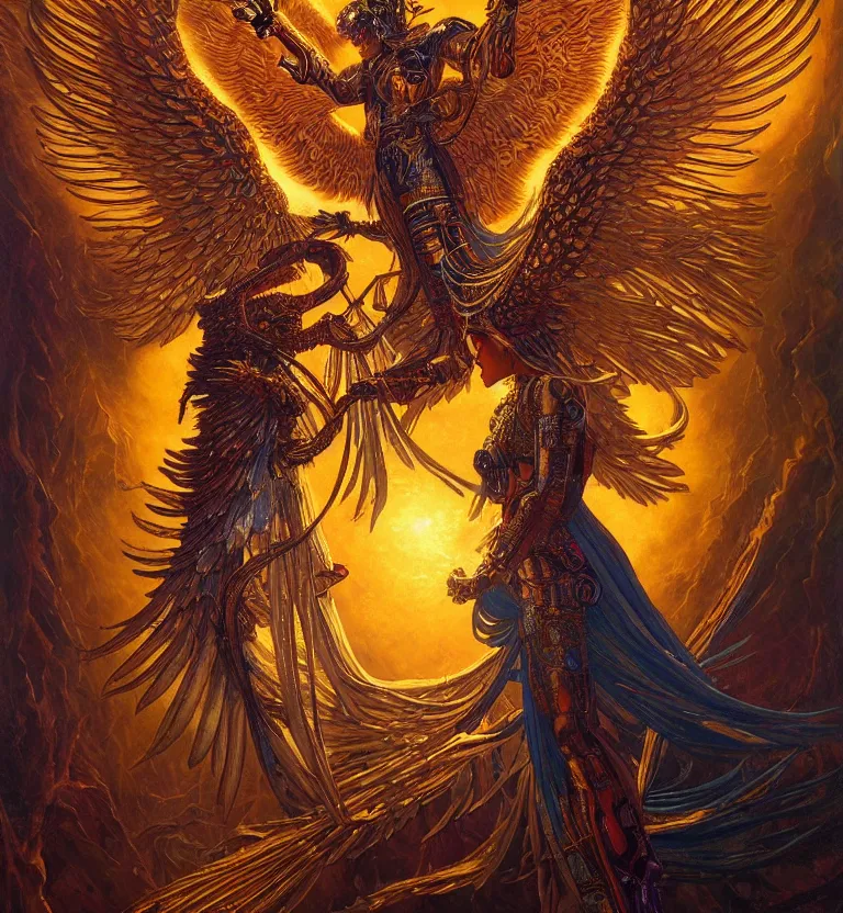 Image similar to a beautiful tarot card artwork of a cyberpunk seraphim in nature, backlit, highly detailed, golden hour, digital painting, by karol bak and justin gerard and dan mumford and artgerm, vivid colors, masterpiece, detailed shading, 8 k resolution, intricate, smooth