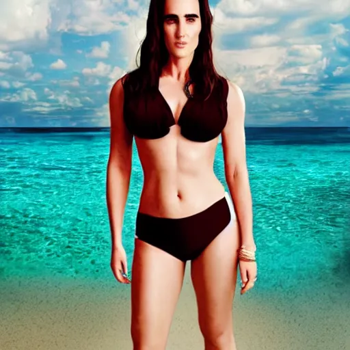 Prompt: Full Body Portrait of young jennifer connelly poses in 2 Piece Mini Micro Push Up Swimsuits at summer beach, confident pose, fierce expression, intricate details, detailed face, detailed illustration, octane render, impressive lighting, symmetrical features, ultra detailed