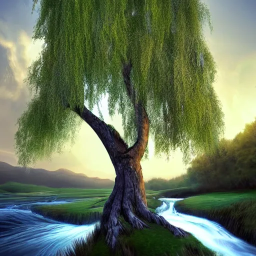 Image similar to featured on artstation majestic willow tree overlooking swirling river at sunset, beautiful image stylized digital art