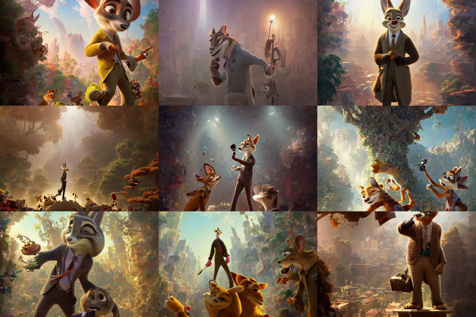 Prompt: zootopia character, stars, sincere, modern maximalist suit, is ( ( holding a cane ) ). light dust, magnificent, hyperdetailed, theatrical, painted by jean honore fragonard and greg rutkowski