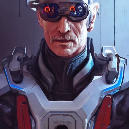 Image similar to science-fiction character portrait of Soldier 76 from Overwatch, wearing cybernetic visor, dystopian mood, intricate, wild, highly detailed, digital painting, artstation, upper body, concept art, smooth, sharp focus, illustration, art by artgerm and greg rutkowski and alphonse mucha