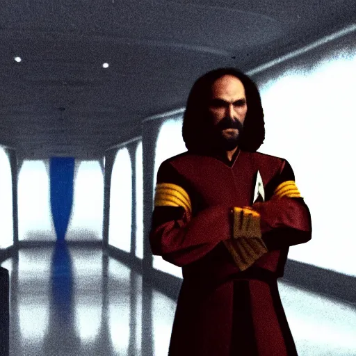 Image similar to a Klingon standing in a Star Trek Federation hallway