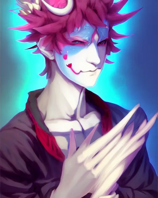 Image similar to extremely attractive soft feminine male as a jester anime character screenshot, nagito komaeda and hisoka jester, anime feminine male fool, intricate, sharp focus, illustration, highly detailed, digital painting, cell shaded, concept art, matte, art by ilya kuvshinov and kyoto animation and wlop, ruan jia, greg rutkowski, studio quality