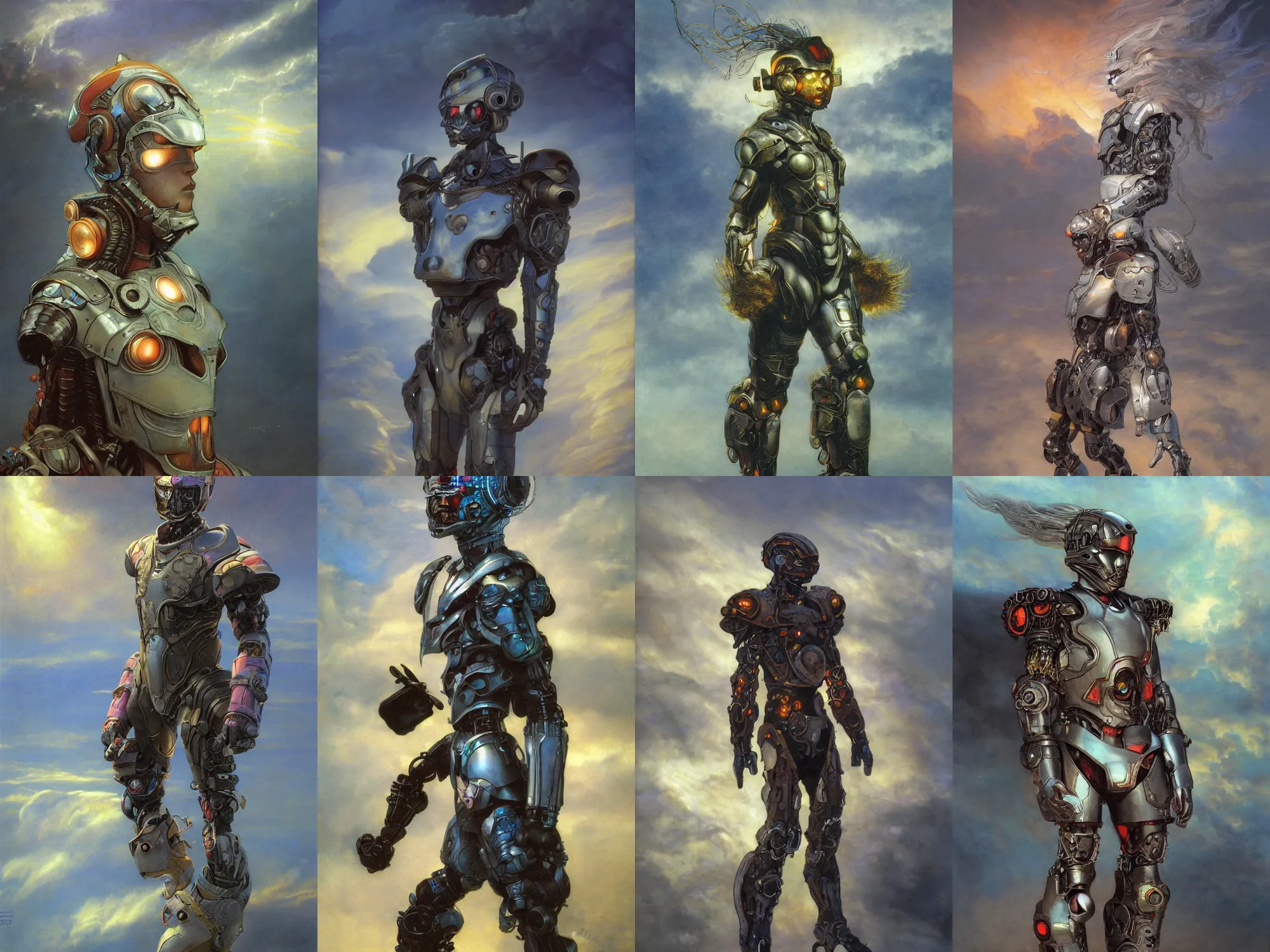 Prompt: portrait of epic anthropomorphic child cyborg neon armor, in clouds, cinematic studio light, windy, sunrise, by gerald brom, by mikhail vrubel, by peter elson, muted colors, extreme detail, trending on artstation