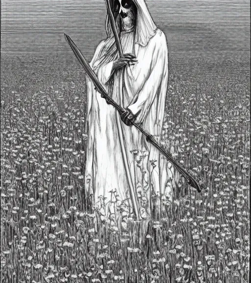 Image similar to grim reaper in beautiful meadow of flowers, pencil illustration by gustave dore, highly detailed, centered, high resolution, smooth, sharp focus, illustration