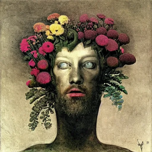 Prompt: a severed head with flowers and plants growing, by Odd Nerdrum, by Francisco Goya, by M.C. Escher, beautiful, eerie, surreal, colorful