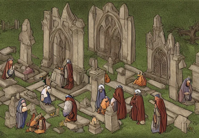 Image similar to possums dressed as monks at a medieval cemetery at night, highly detailed, digital art, isometric