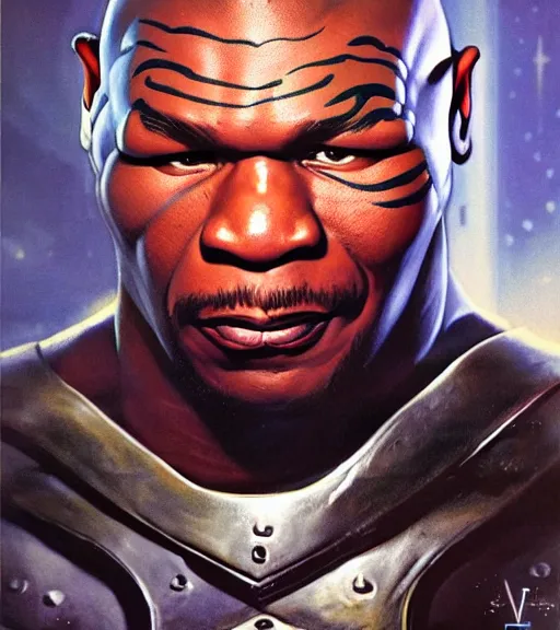 Prompt: a high fantasy mike tyson wearing silver plate armor, 1 9 7 9 omni magazine cover, style by vincent di fate, dnd art, artgerm, very coherent, detailed, 4 k resolution, dark, unreal engine, daz