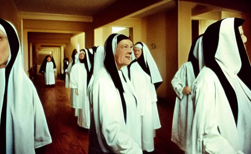 Prompt: Nuns in the shining by stanley kubrick, shot by 35mm film color photography