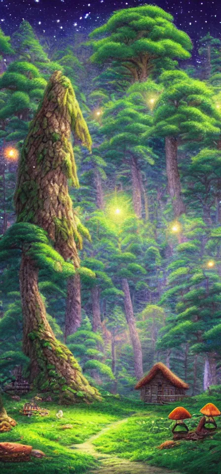 Prompt: Forest in the Sierra Nevada Mountains, studio ghibli, green grass, nighttime, twilight skyline, stars, fantasy, pastel colors, mushrooms, small animals, chimney with smoke, trees outlined in moonlight against the sky, log cabin, fairies, fireflies, grass, in the style of a Thomas Kinkade oil painting