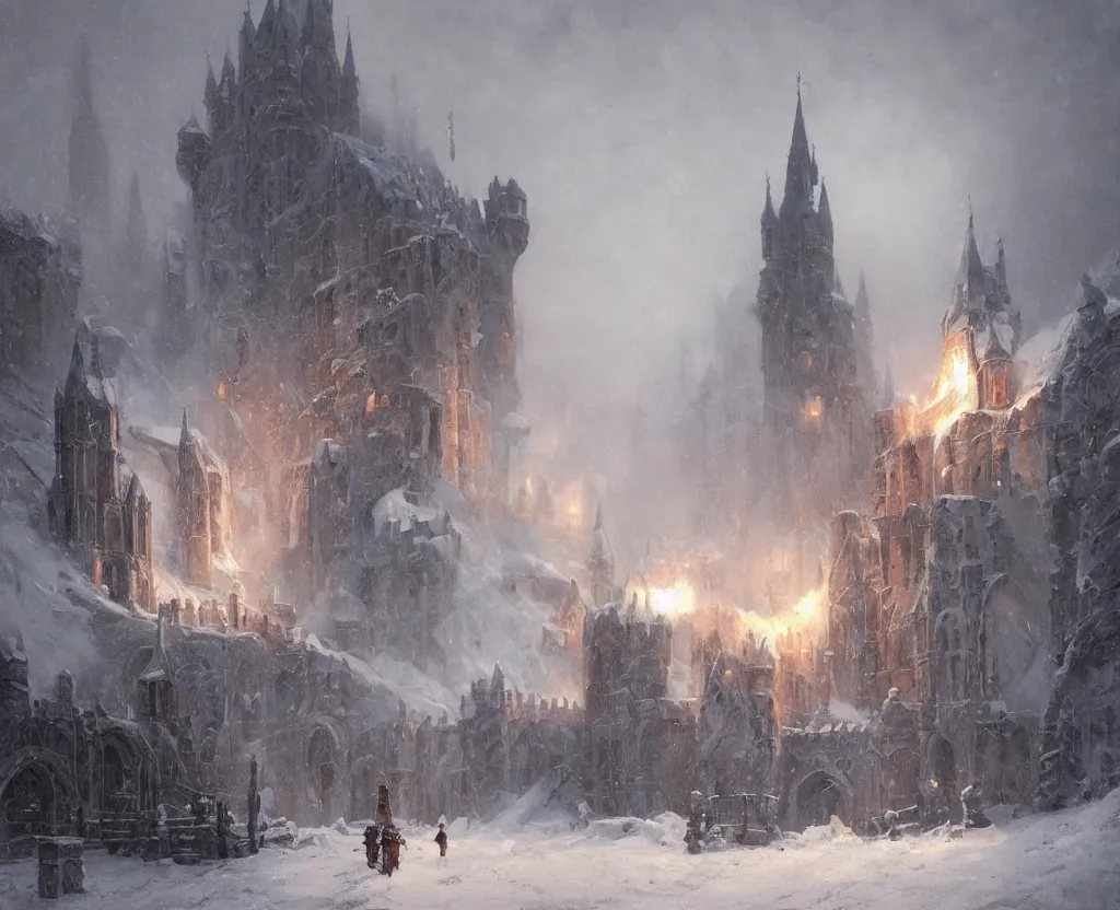 Image similar to Siege of a pipe organ castle in winter, heavy snow storm, fantasy, medieval, fire, explosions and grey smoke here and there, highly detailed, Artstation, oil on canvas painting by greg rutkowski and alan lee