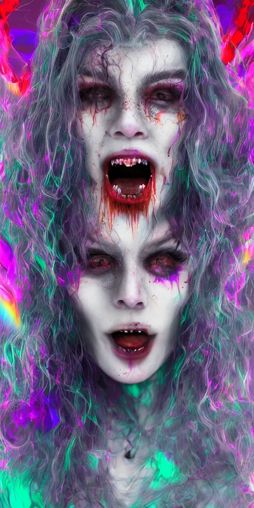 Image similar to impossibly beautiful vampire with large vampire fangs, full body, intricate complexity, horror, psychedelic glitch art, rainbow drip paint, trending on art station, photoreal, 8k, octane render