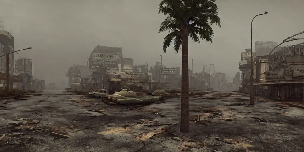 Image similar to wide angle shot of dilapidated fallout 5 tropical coastal city in real life, desolate, dilapidated, empty streets, nightmarish, some rusted retro futuristic fallout vintage style parked cars, overcast, blankets of fog pockets, rain, volumetric lighting, photorealistic, daytime, autumn, sharp focus, ultra detailed, cgsociety