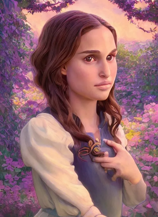 Image similar to well - lit art nouveau face portrait of a 1 3 - year old natalie portman playing in the garden, natural lighting, path traced, highly detailed, high quality, cartoon, digital painting, by don bluth and ross tran and studio ghibli