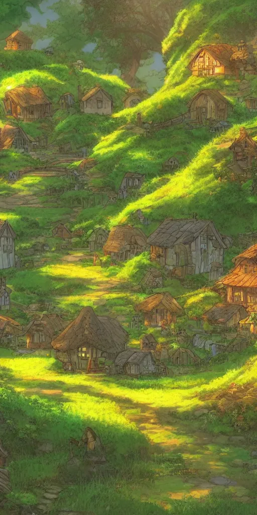Image similar to anime screenshot wide-shot landscape hobbit village, Shire, beautiful ambiance, golden hour, studio ghibli style, by hayao miyazaki, sharp focus, highly detailed,