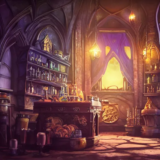 Image similar to inside a magical item shop, fantasy potion vendor interior, ufotable studio art style, gothic interior, 8K, octane render, unreal engine, dramatic lighting, cinematic, establishing shot, extremely high detail, foto realistic, cinematic lighting, post processed, concept art, high details, cinematic, 8k resolution, beautiful detailed, photorealistic, digital painting, artstation, concept art, smooth, sharp focus, artstation trending, octane render, unreal engine